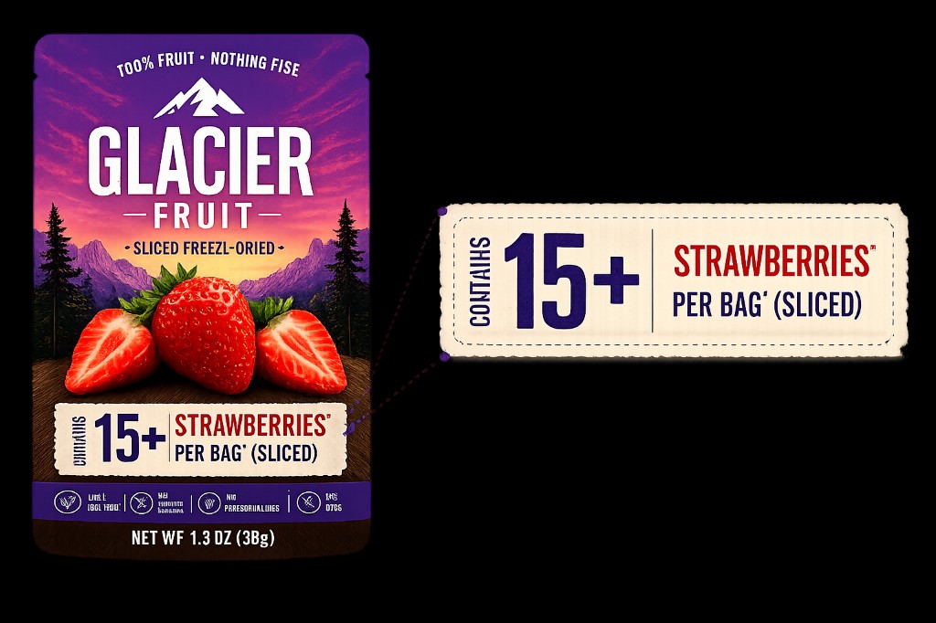 Glacier Fruit strawberry bag with 15+ strawberries per bag fruit-count callout