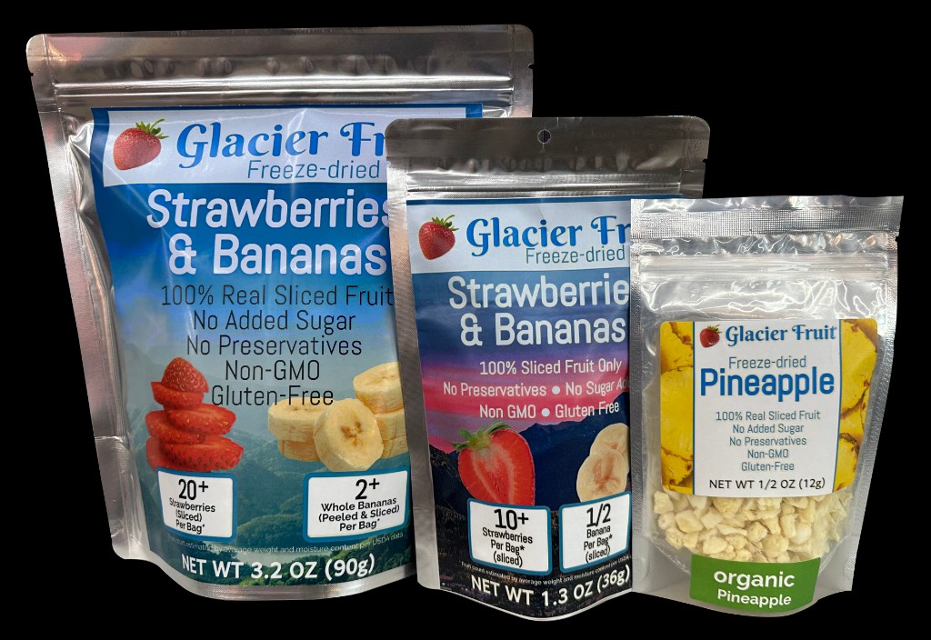 Glacier Fruit current pouch lineup — snack, trail, and family sizes